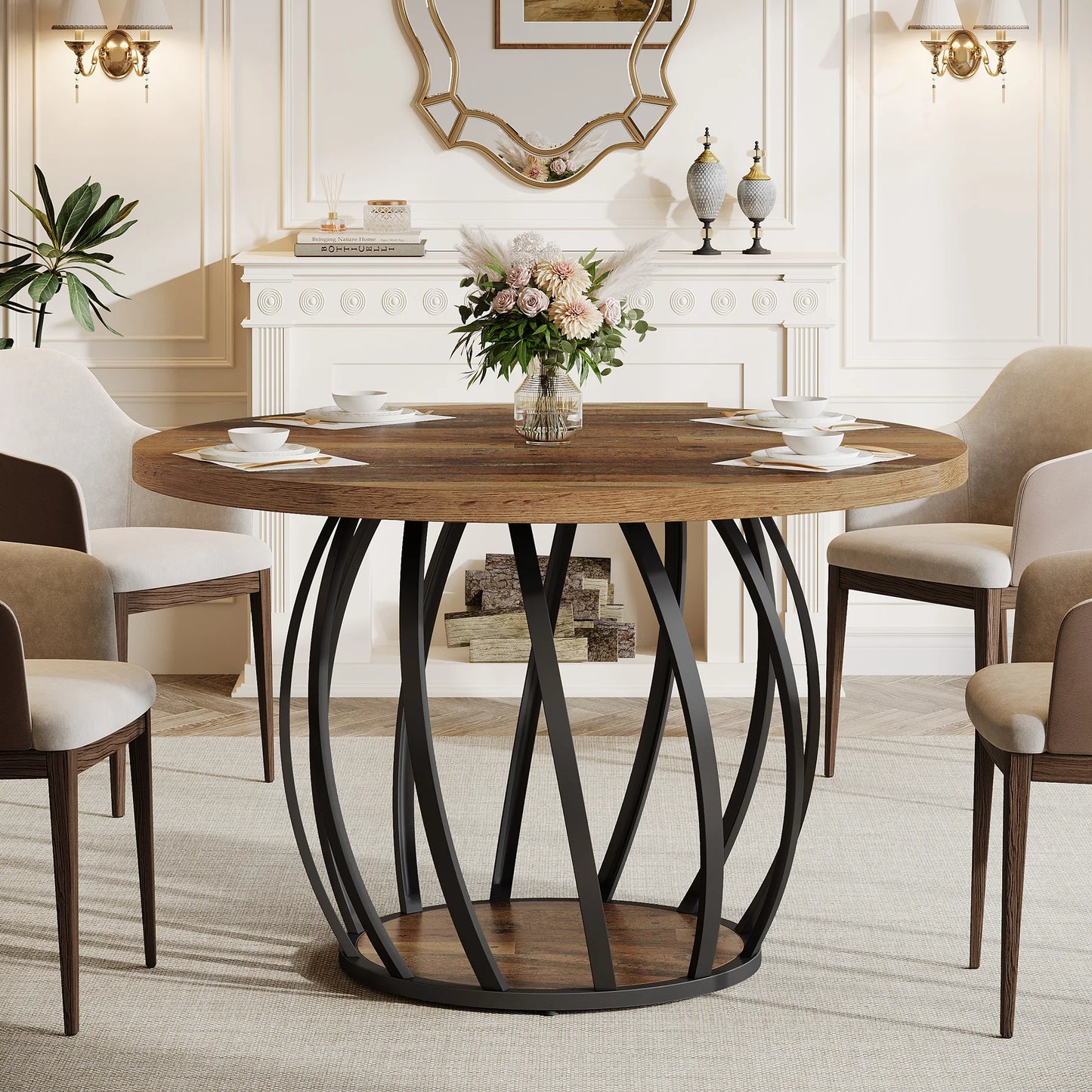 Tribesigns Round Wood Dining Table With Sturdy Metal Base