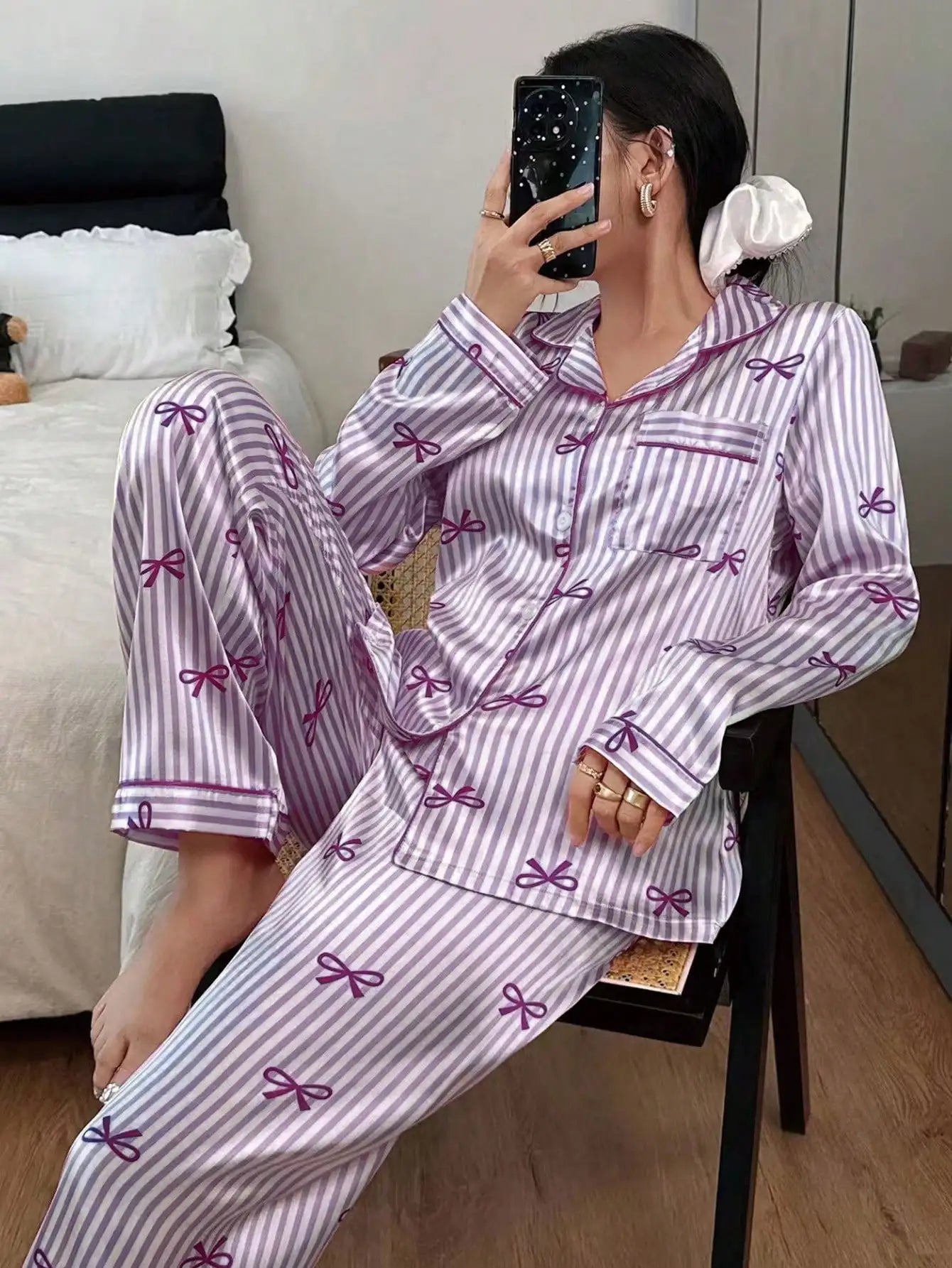 Women's Striped Satin Pajama Set With Bow Print Long Sleeve Top And Pants