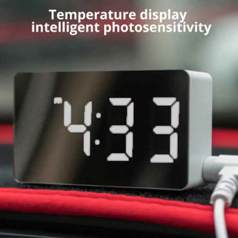 LED Mirror Clock With Snooze And Night Light USB Alarm