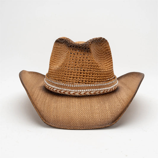 NONECN Unisex Wide Brim Straw Sun Hat Western Cowgirl Style