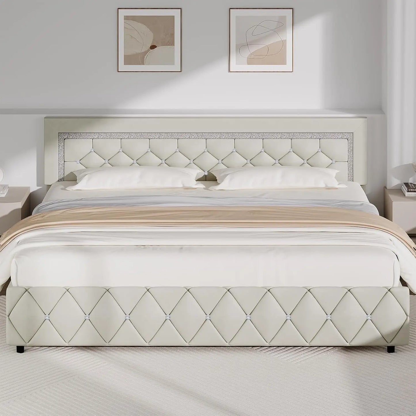 Guangbai Faux Leather Diamond Tufted Platform Bed Frame With Headboard