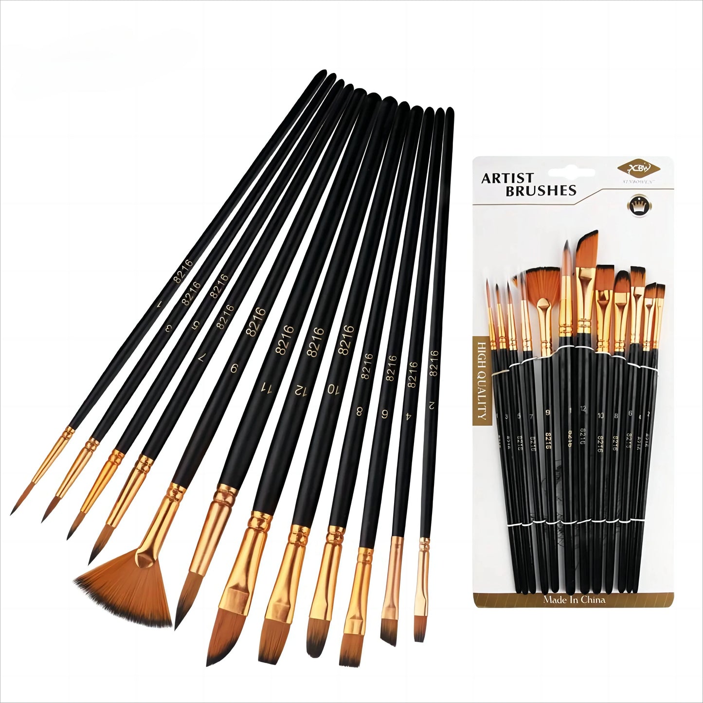 Hair 12 Piece Nylon Flat Brush Set Oil And Watercolor