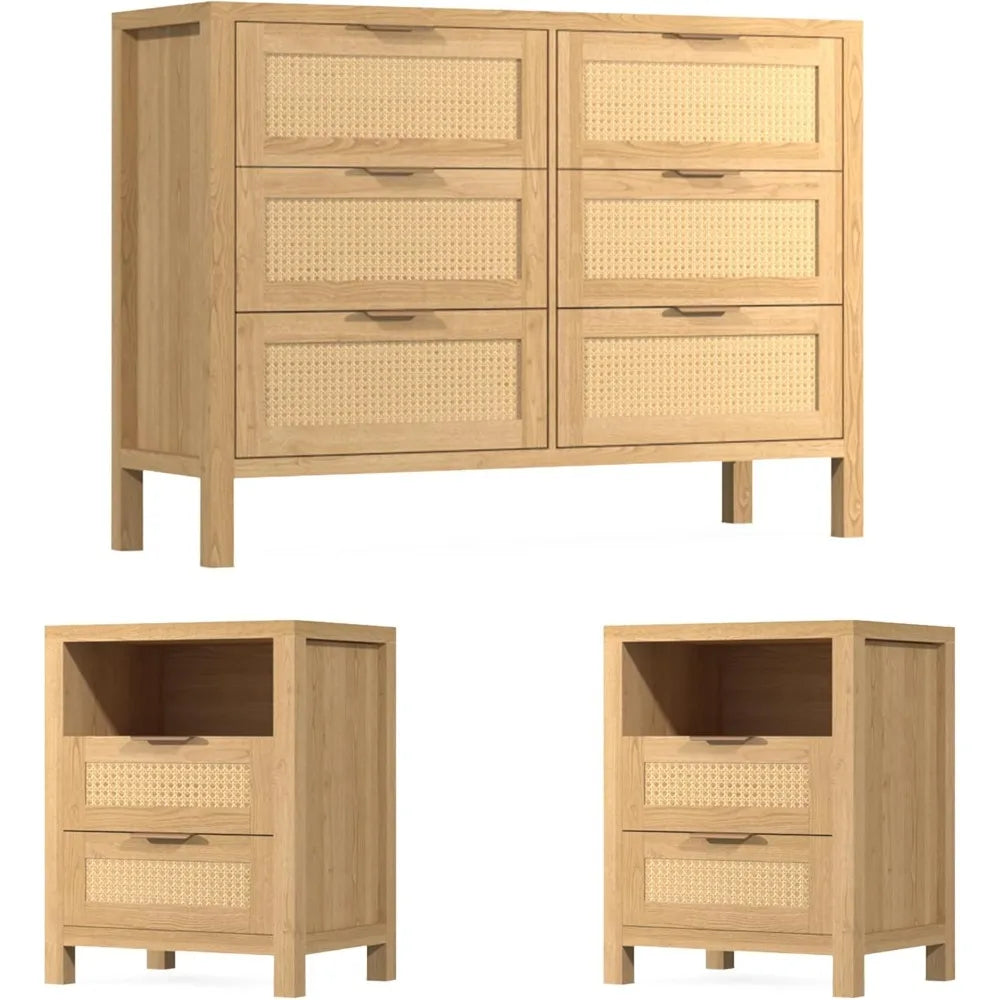 RBXC Rustic Oak Dresser and Nightstands Set with Gold Handles