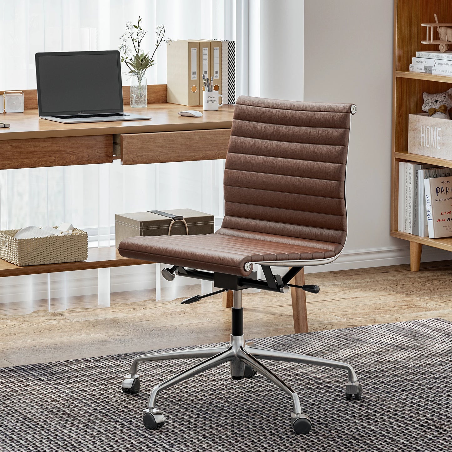Furgle Modern Low Back Ribbed Armless Executive Swivel Office Chair With Top Grain Leather