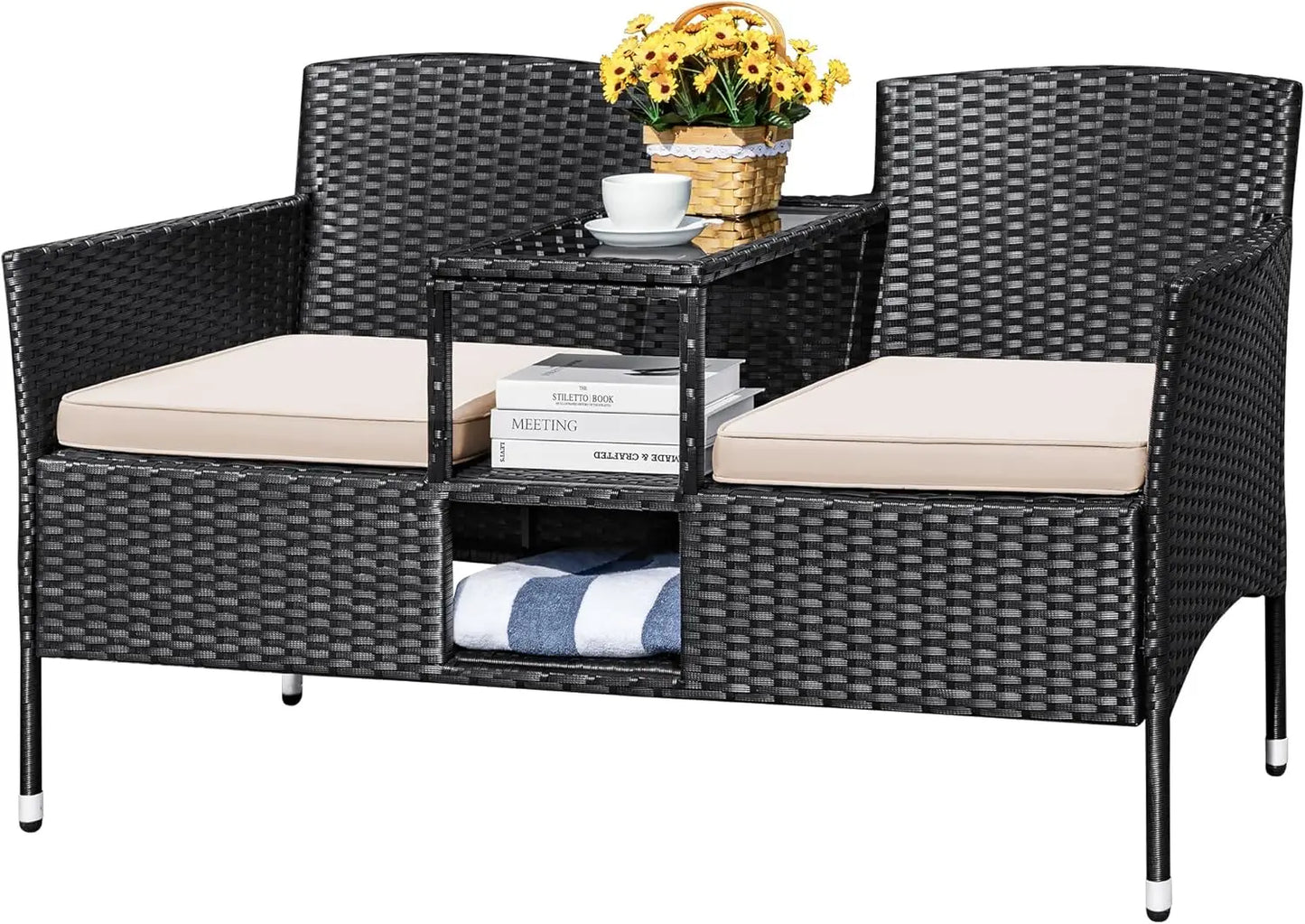 Folded Outdoor Patio Loveseat Modern Rattan 2 Seat Table Set