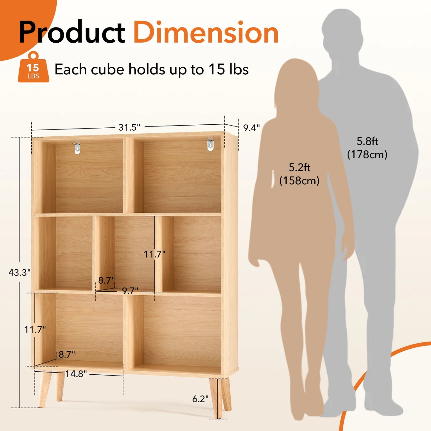 JHK Three-Tier Wooden Bookshelf With Cube Storage Organizer