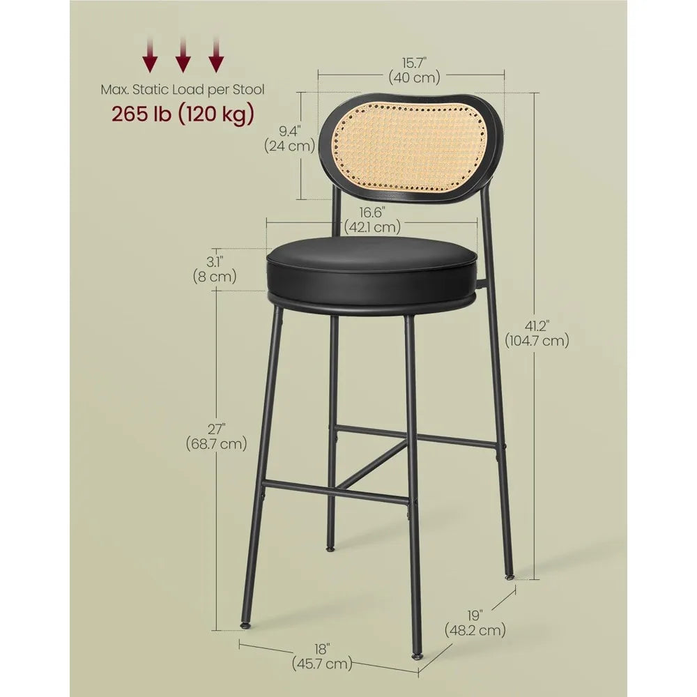 Rattan Backrest Bar Stools Set of 2 With Metal Legs