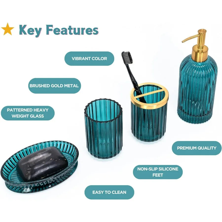 Brushed Metal Patterned Glass Bathroom Accessory Set 4 Piece