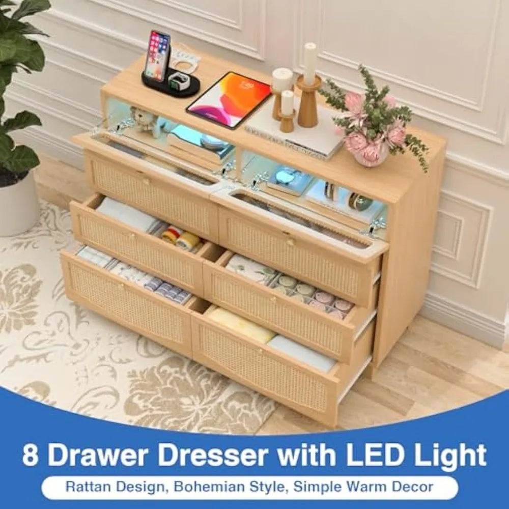 MKDK Rattan Dresser With 8 Drawers And LED Lighting