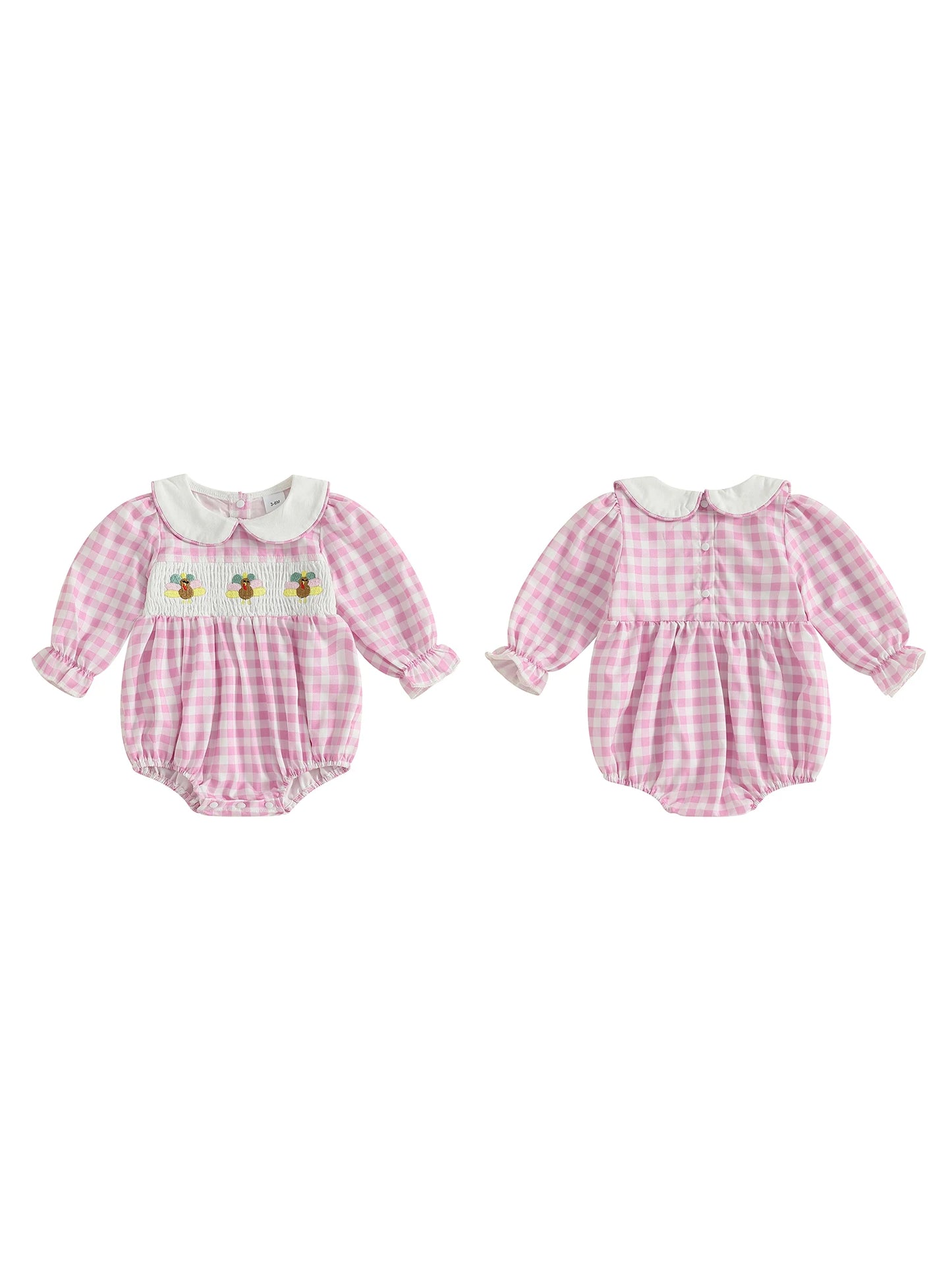 Thanksgiving Turkey Embroidered Long Sleeve Romper With Doll Collar
