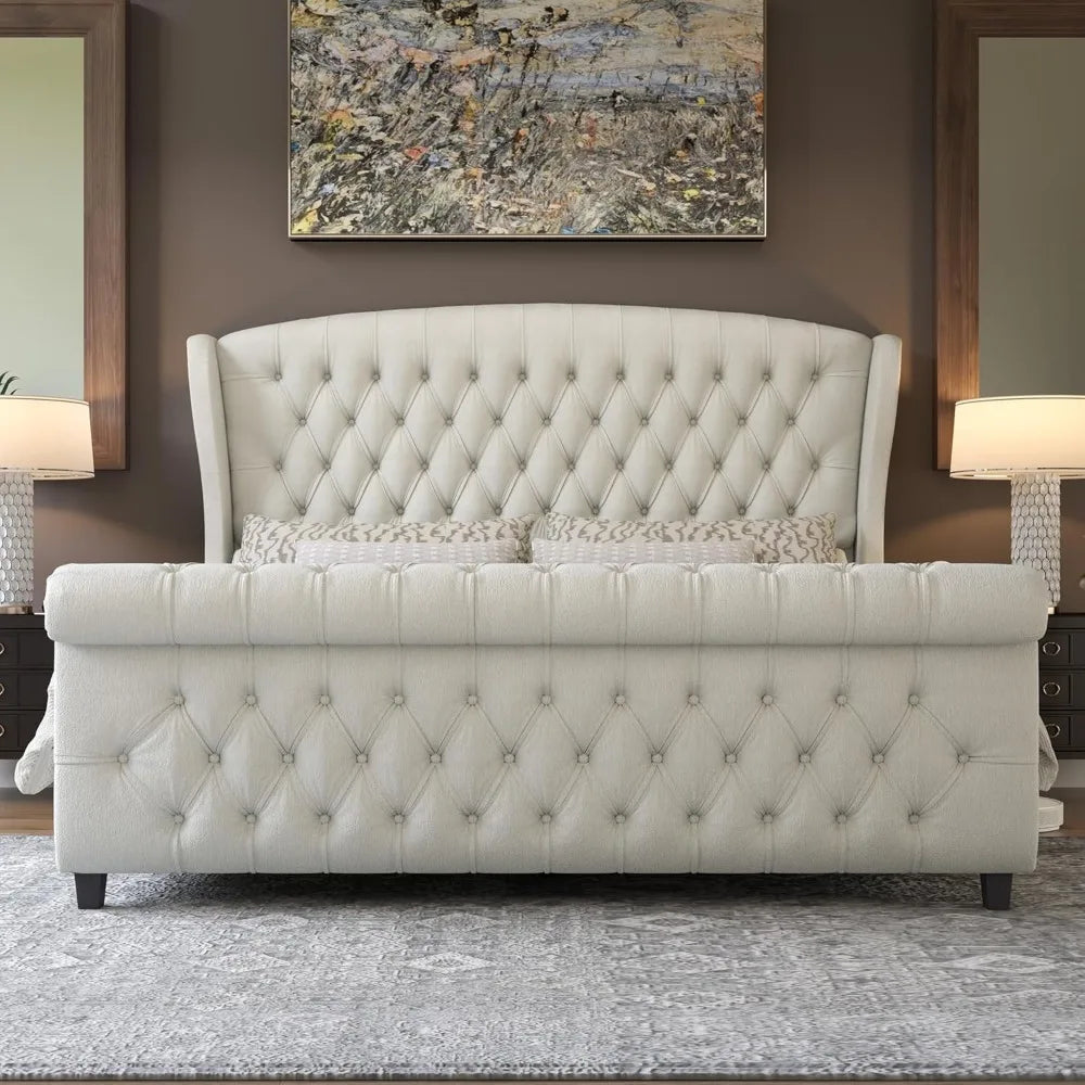 Velvet Upholstered Platform Bed Frame With Scroll Headboard And Footboard