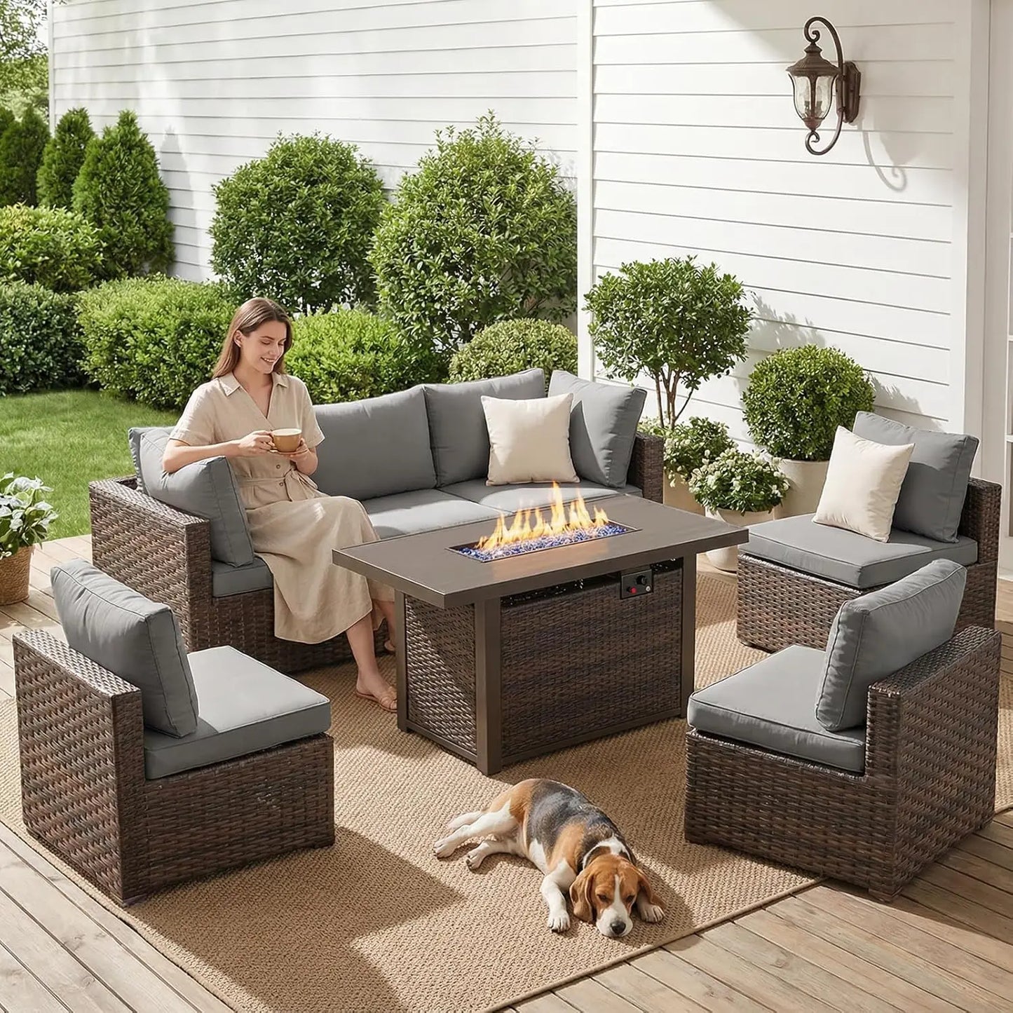 XIAOLANG 7-Piece Outdoor Patio Furniture Set Wicker Fire Pit Table