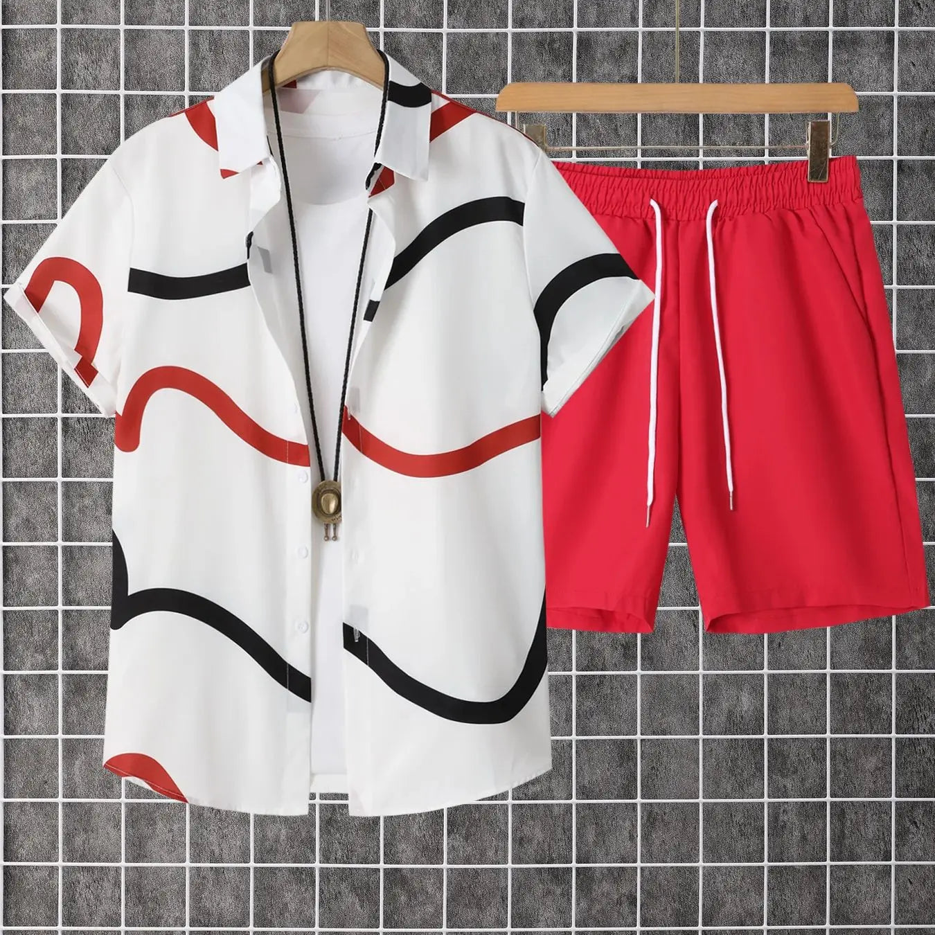 Men's 2Piece Short Sleeve Lapel Shirt And Drawstring Pant Set