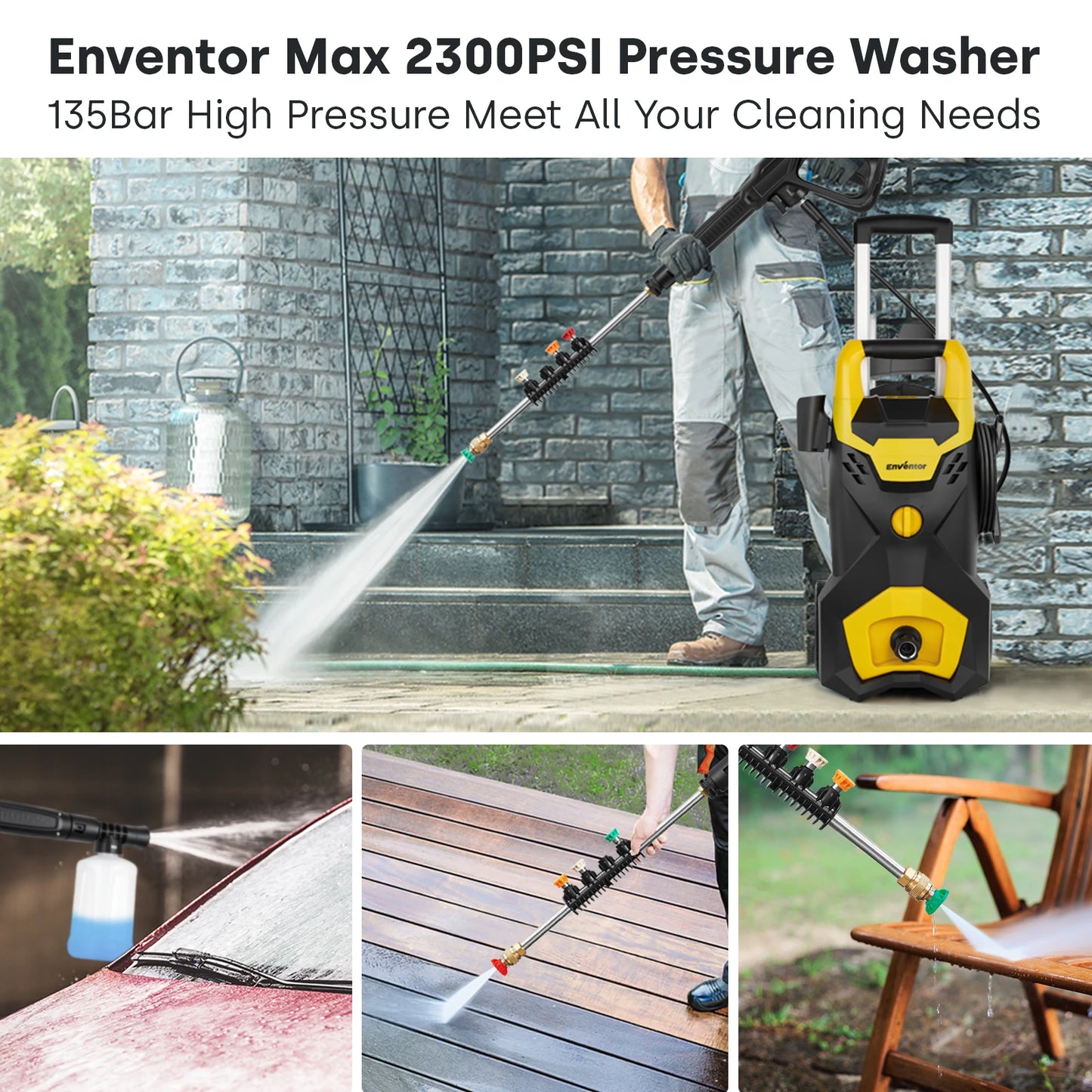 Enventor Electric Pressure Washer 135 Bar Portable High Pressure Cleaner