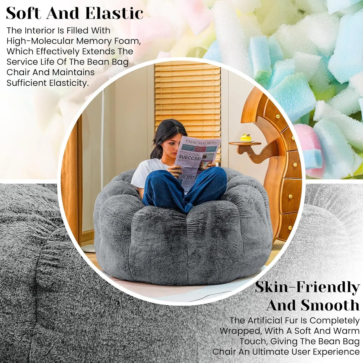 Bean Bag Chair With Filler Faux Fur Memory Foam Lounge Chair Petal Armrest For Bedroom Living Room Dorm