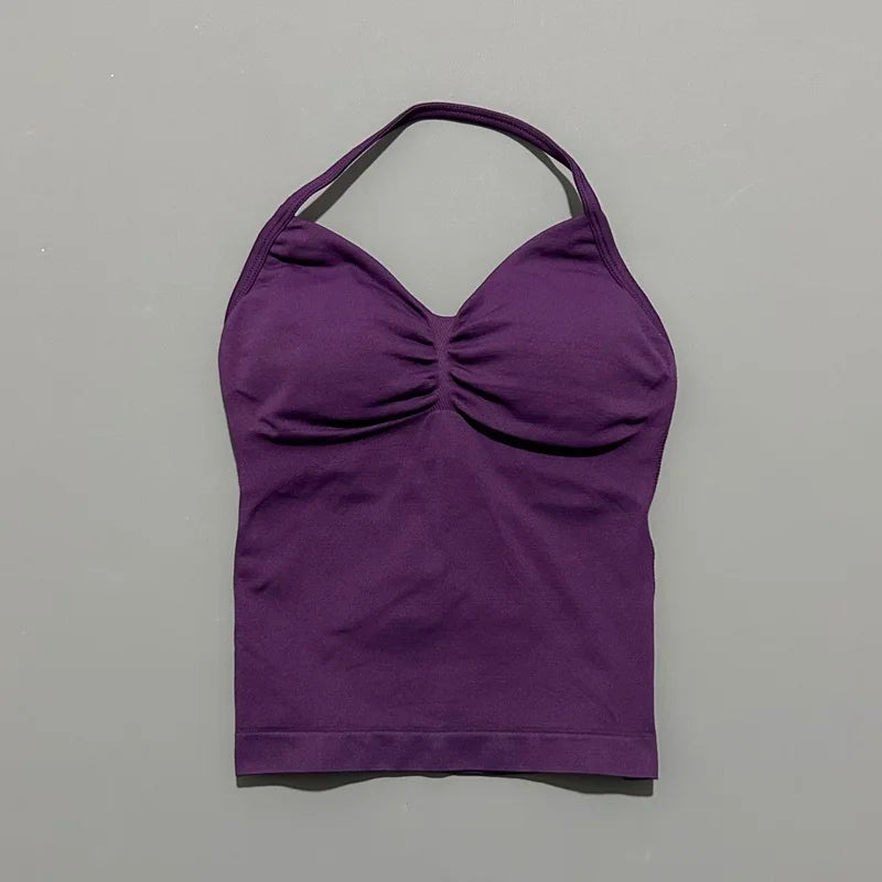 Women Gym Halter Top Longline Strappy Yoga Tank Removable Cups