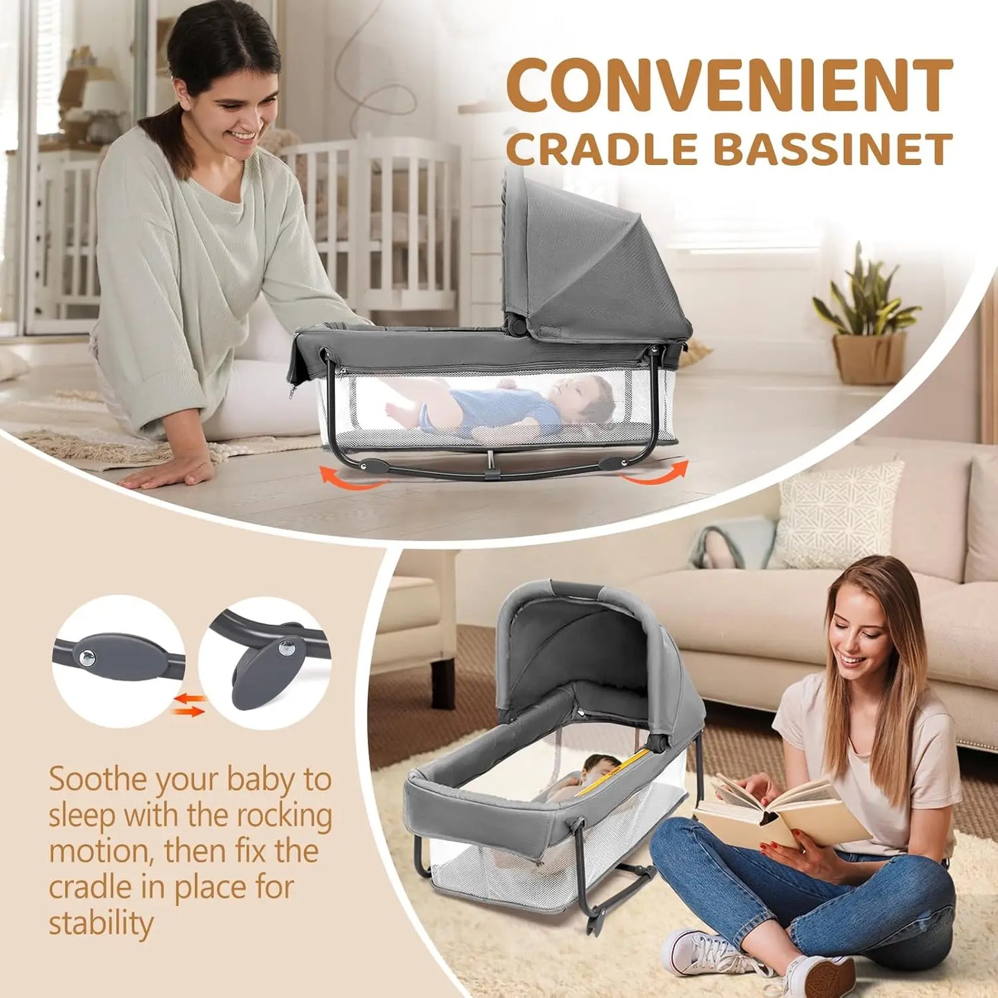 Baby Bedside Bassinet Sleeper Convertible to Playpen With Wheels