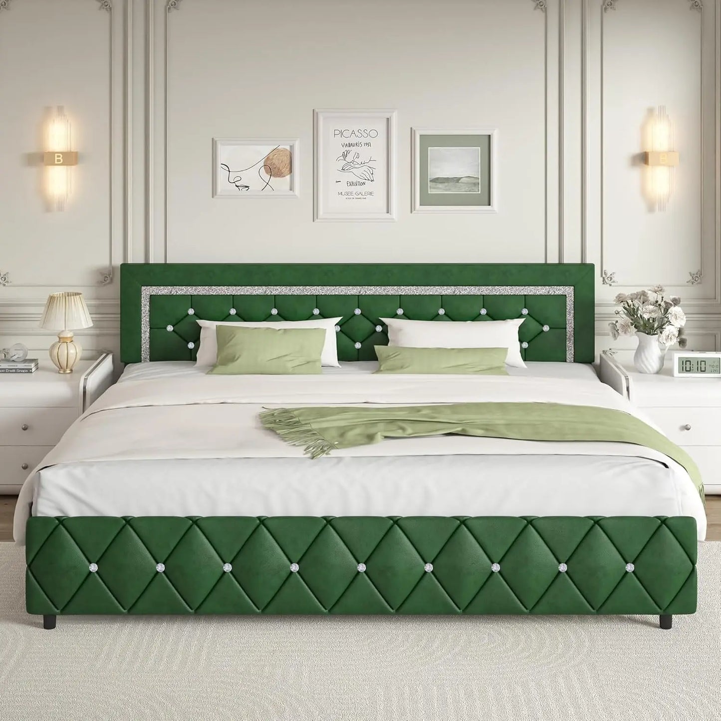 Guangbai Faux Leather Diamond Tufted Platform Bed Frame With Headboard