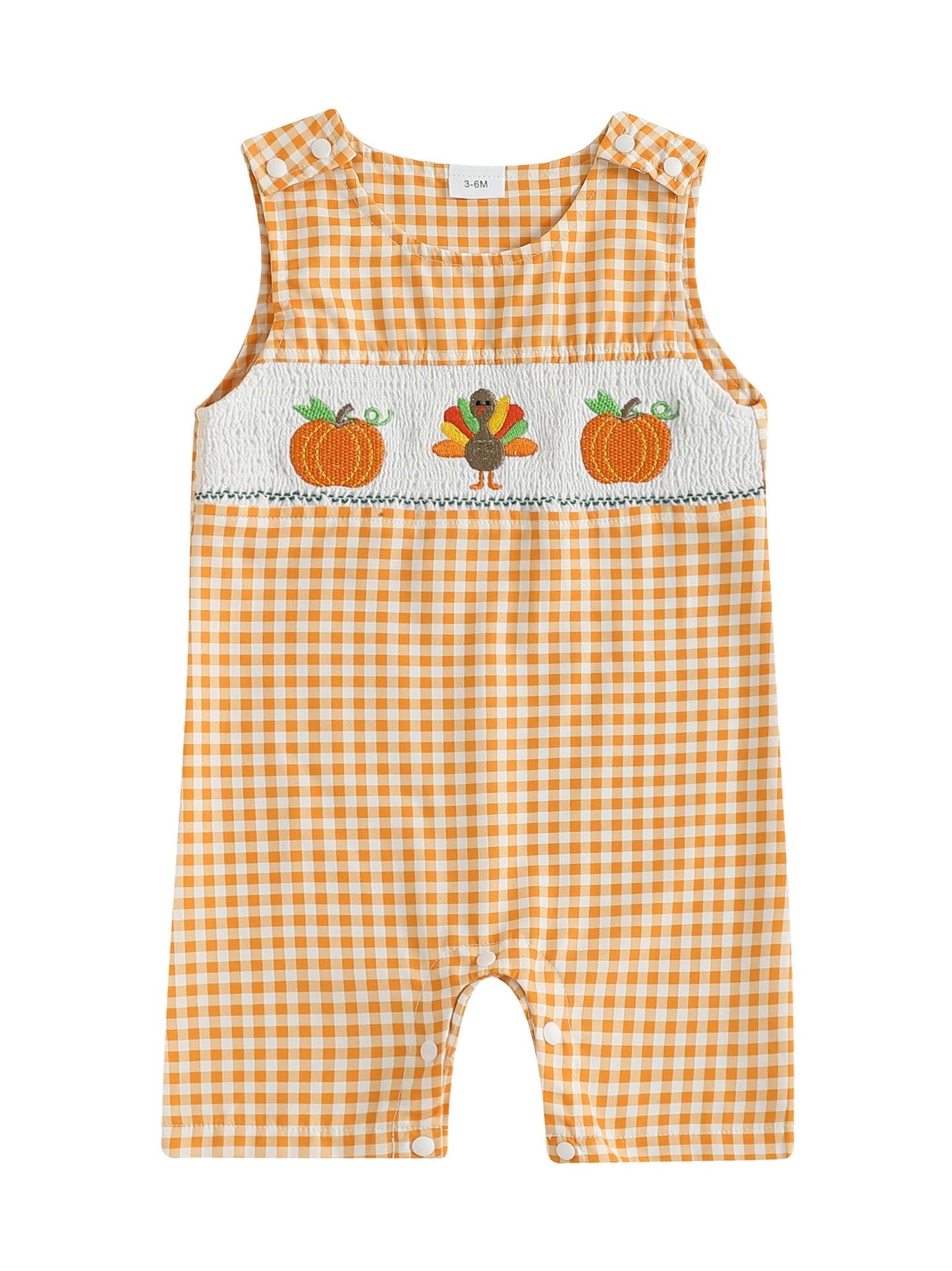 NONECN Thanksgiving Plaid Baby Bodysuit With Turkey And Pumpkin Embroidery