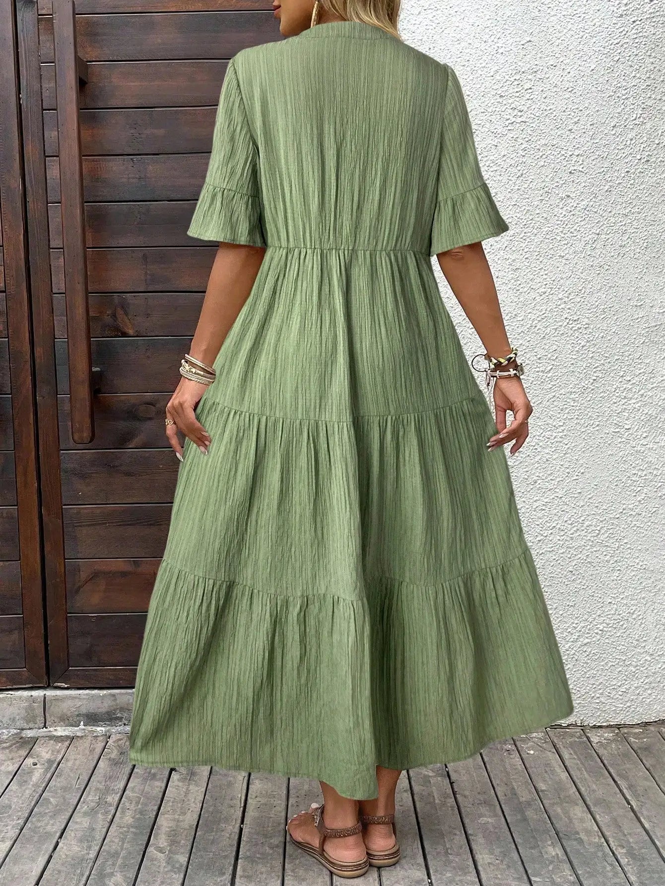 Women's Solid Color Casual Tiered Maxi Dress V-Neck A-Line