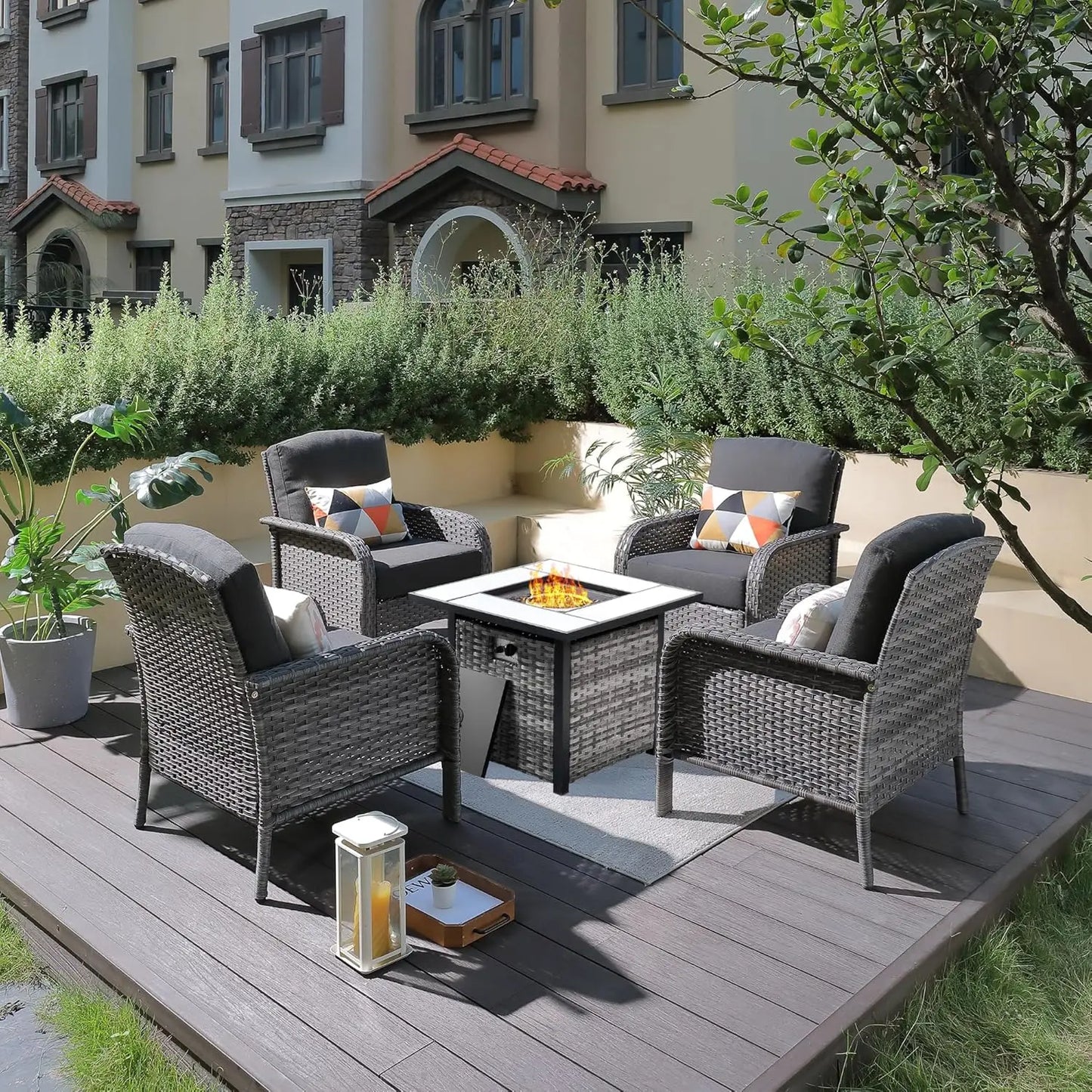 Folded 4-Piece Patio Set With Fire Pit Table And Chairs