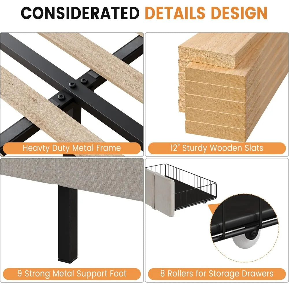 Bed Frame With Storage Drawers And Solid Wooden Slats