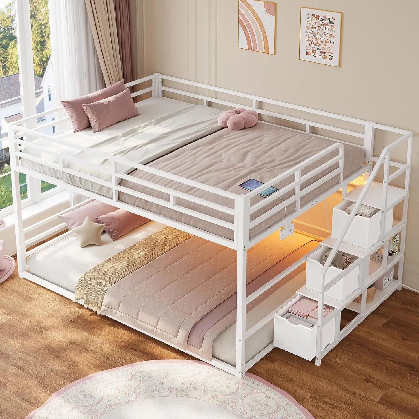 XIAOLANG Low Bunk Bed Full Over Full With Stairs RGB