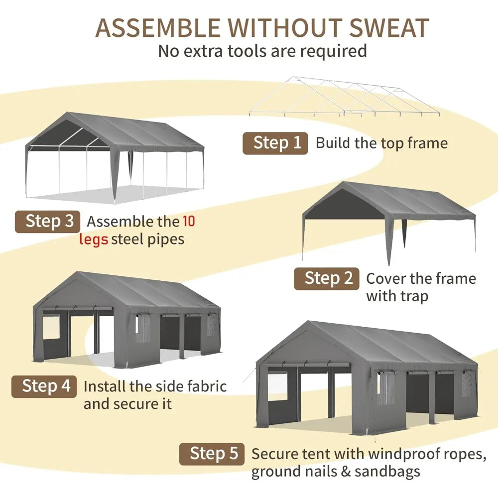 Carport Heavy Duty Canopy With Doors And Windows Portable Garage