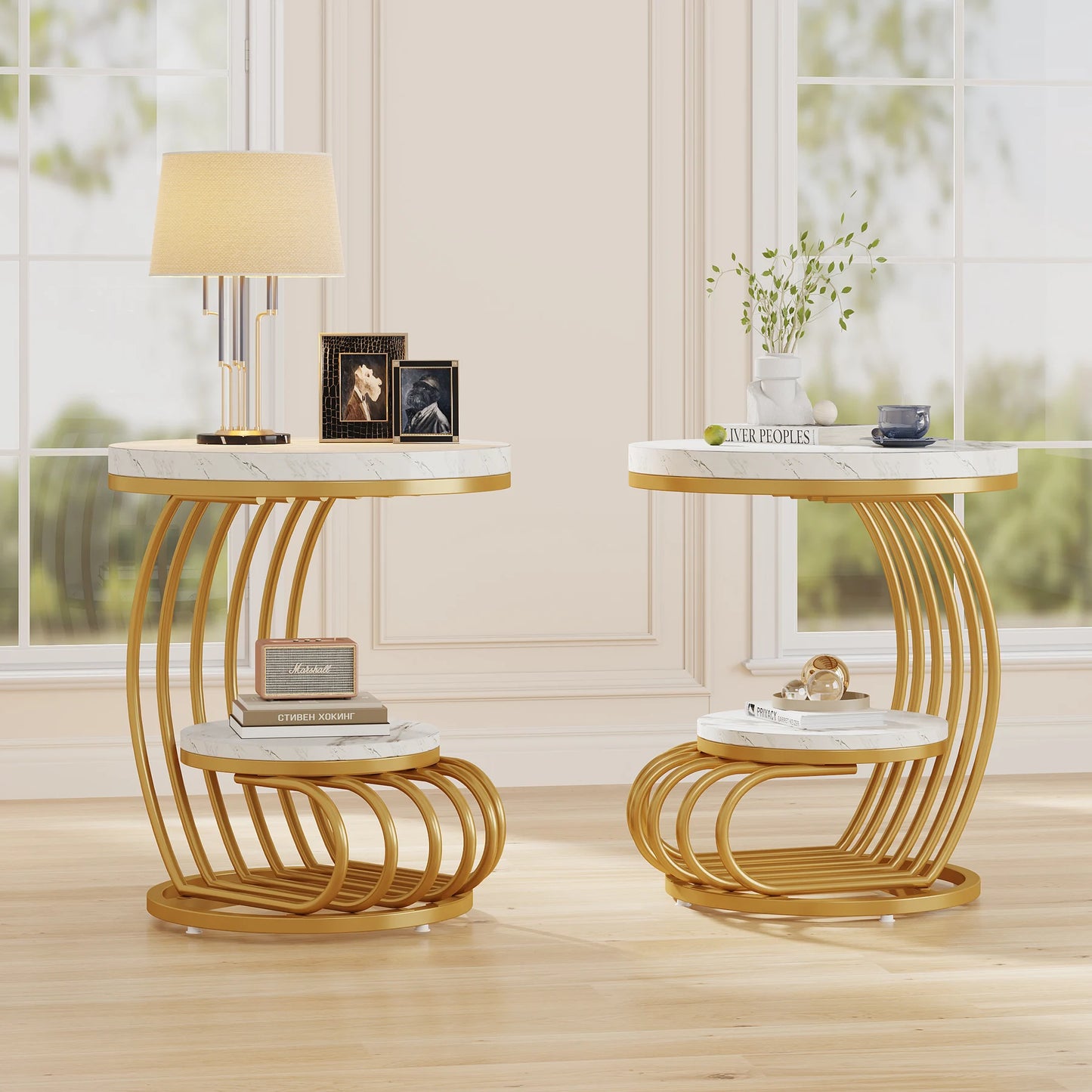 Tribesigns Gold Round End Table With Two Tiers Faux Marble