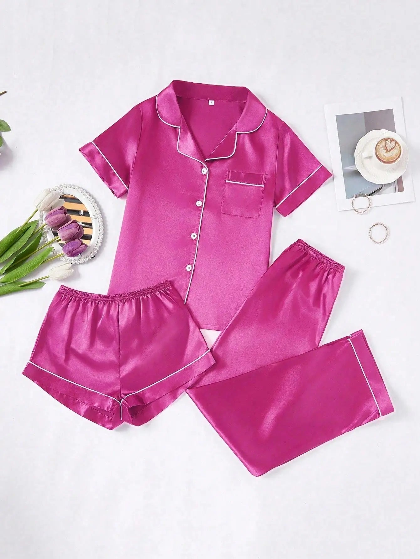 Faux Silk Pajama Set For Women Button-Down Top And Pants