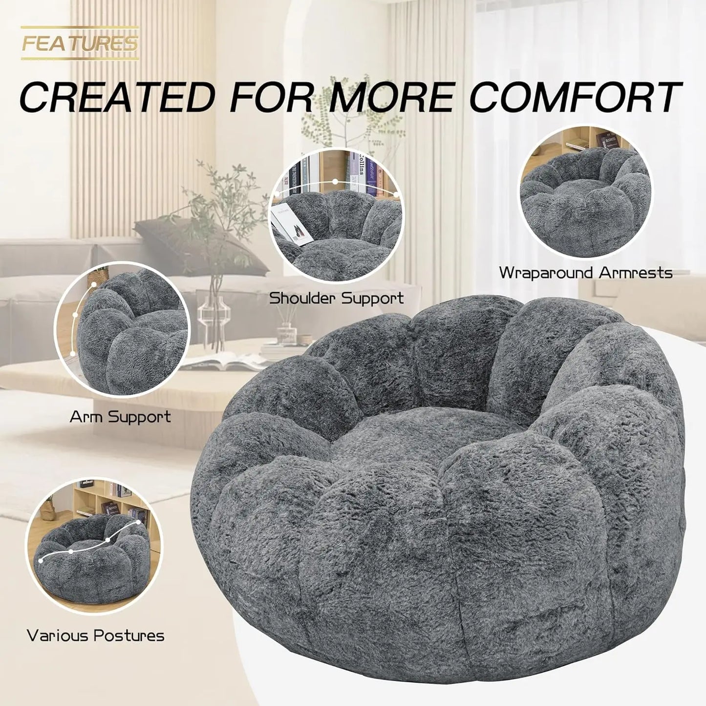 Bean Bag Chair With Filler Faux Fur Memory Foam Lounge Chair Petal Armrest For Bedroom Living Room Dorm