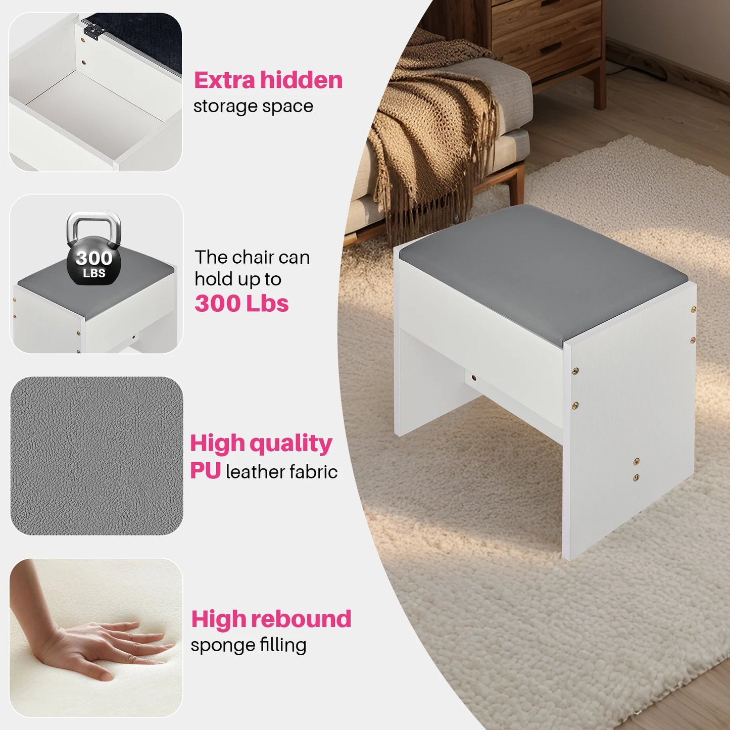 Redlife Farmhouse Vanity Desk Glass Tabletop Stool Lights