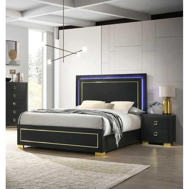 Queen Bedroom Set With Bed And Nightstands Black Gold Accents