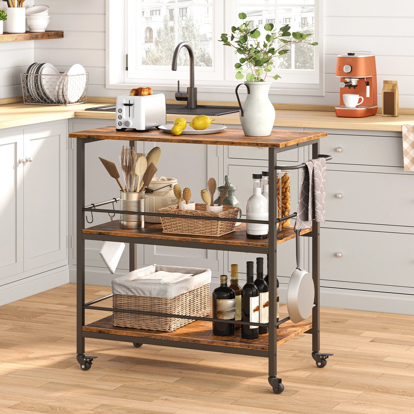 HOOBRO Kitchen Island Cart With Storage And Hooks Shelves