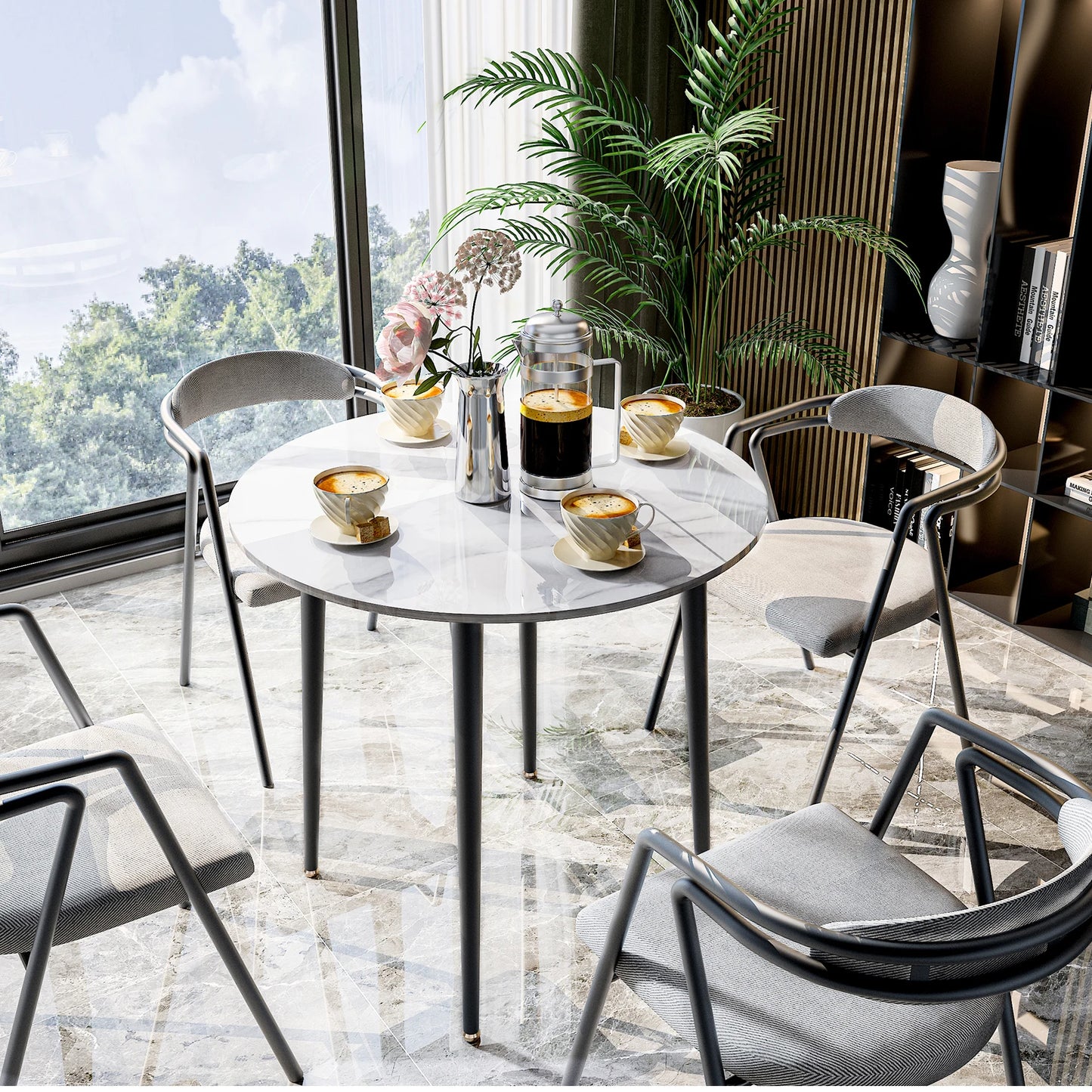 Round Sintered Stone Dining Table With Black Metal Legs
