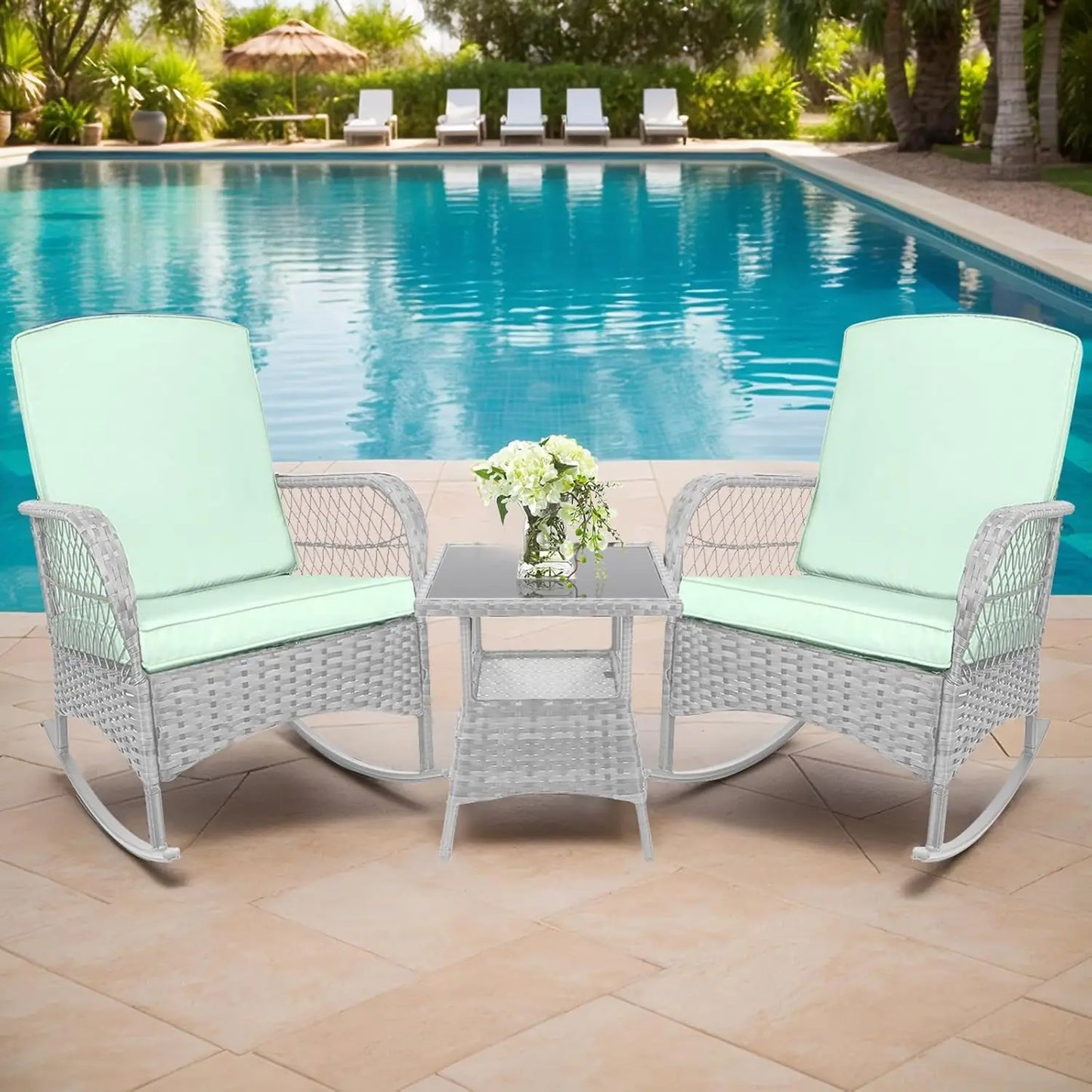 Outdoor Rocking Bistro Set With Glass Table PE Wicker 3-Piece