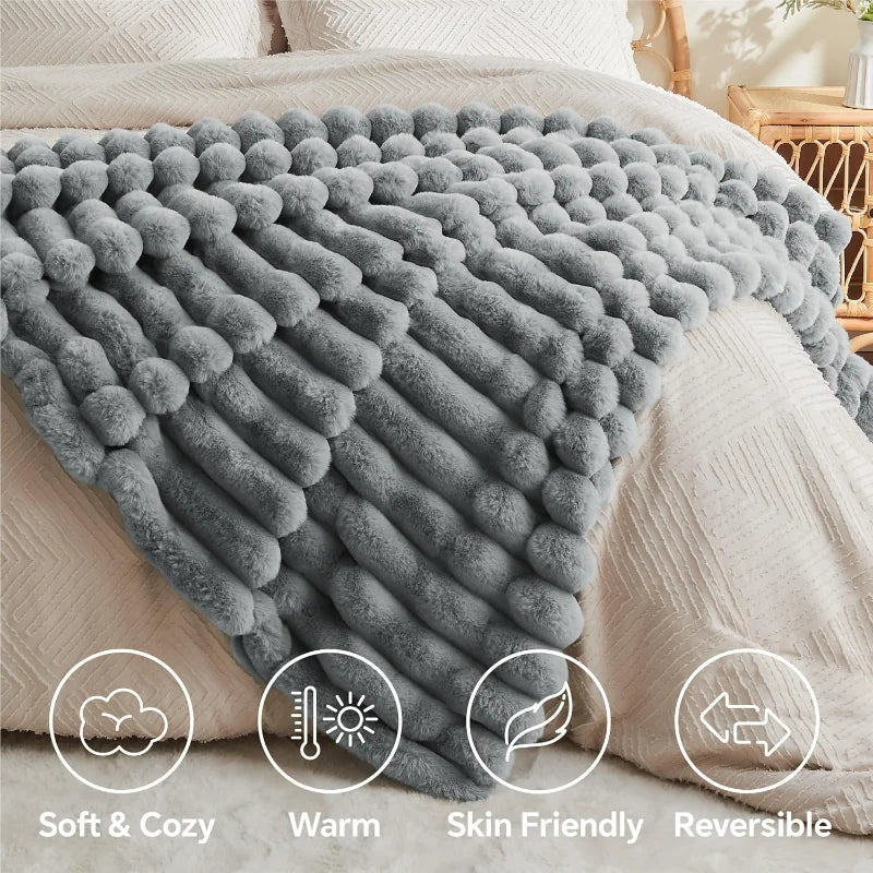NONECN Faux Fur Throw Blanket Plush 3D Striped Ultra Soft