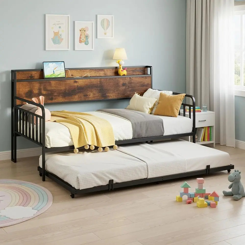 Metal Daybed With Trundle, Storage Headboard, Charging Station