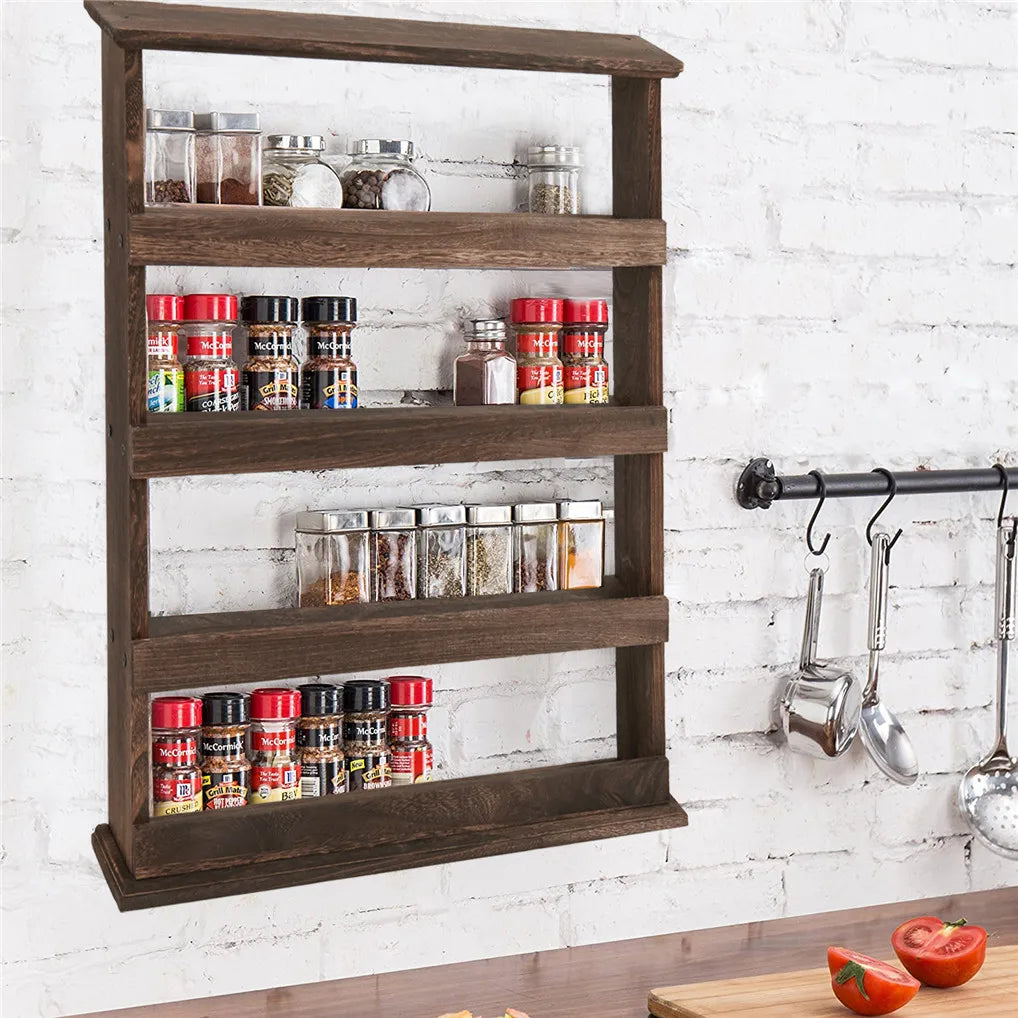 Rustic Torched Wood Wall Mounted 4 Tier Spice Rack