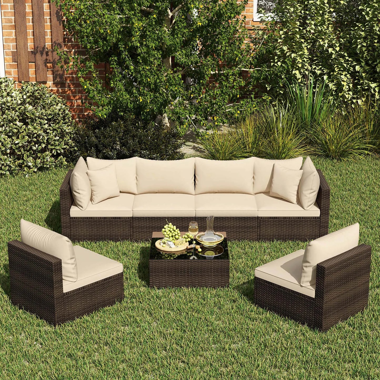 Homasis 7 Piece Patio Rattan Furniture Set Cushioned Sofa