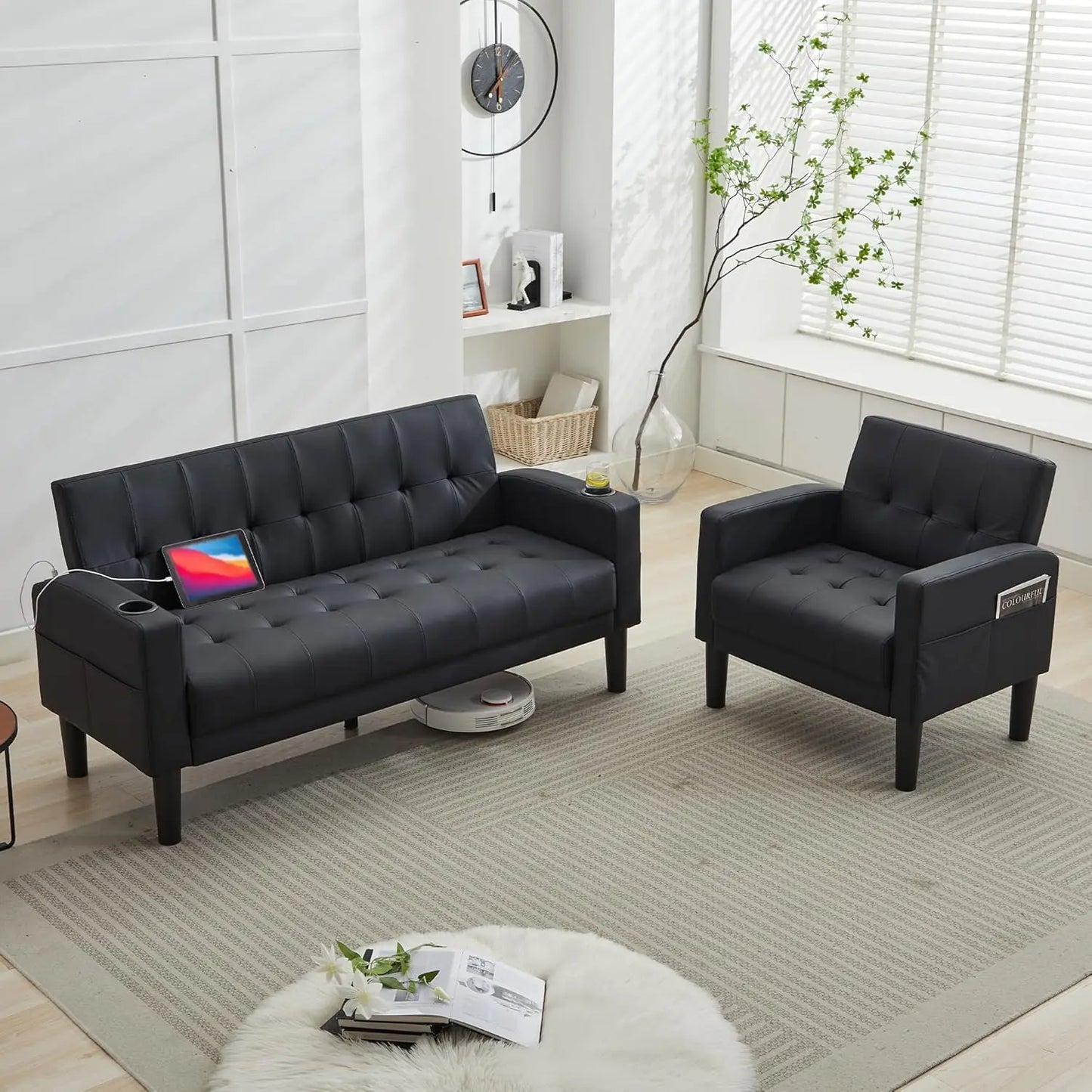 Tufted Mid-Century 2-Piece Sectional Sofa Set With USB Ports