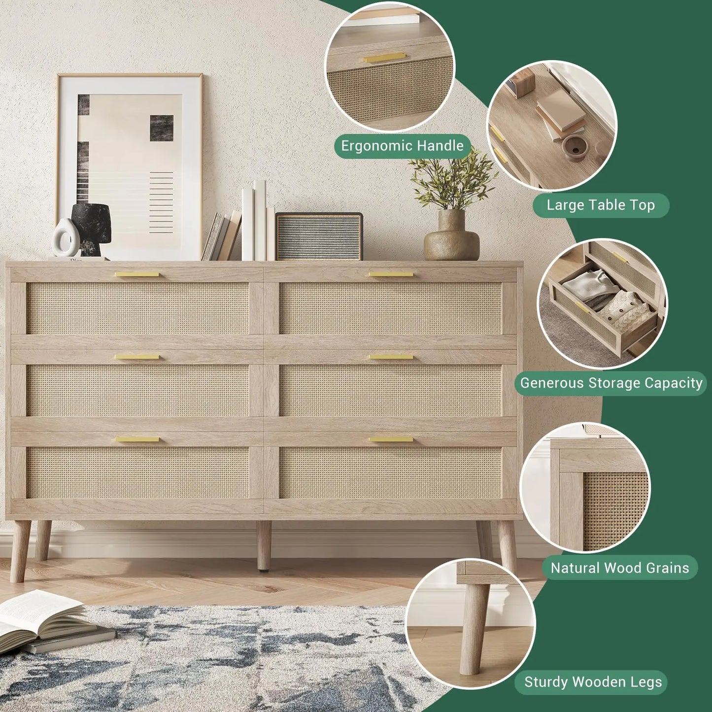 HiMISS Rattan 6 Drawer Dresser Mid Century Modern Chest