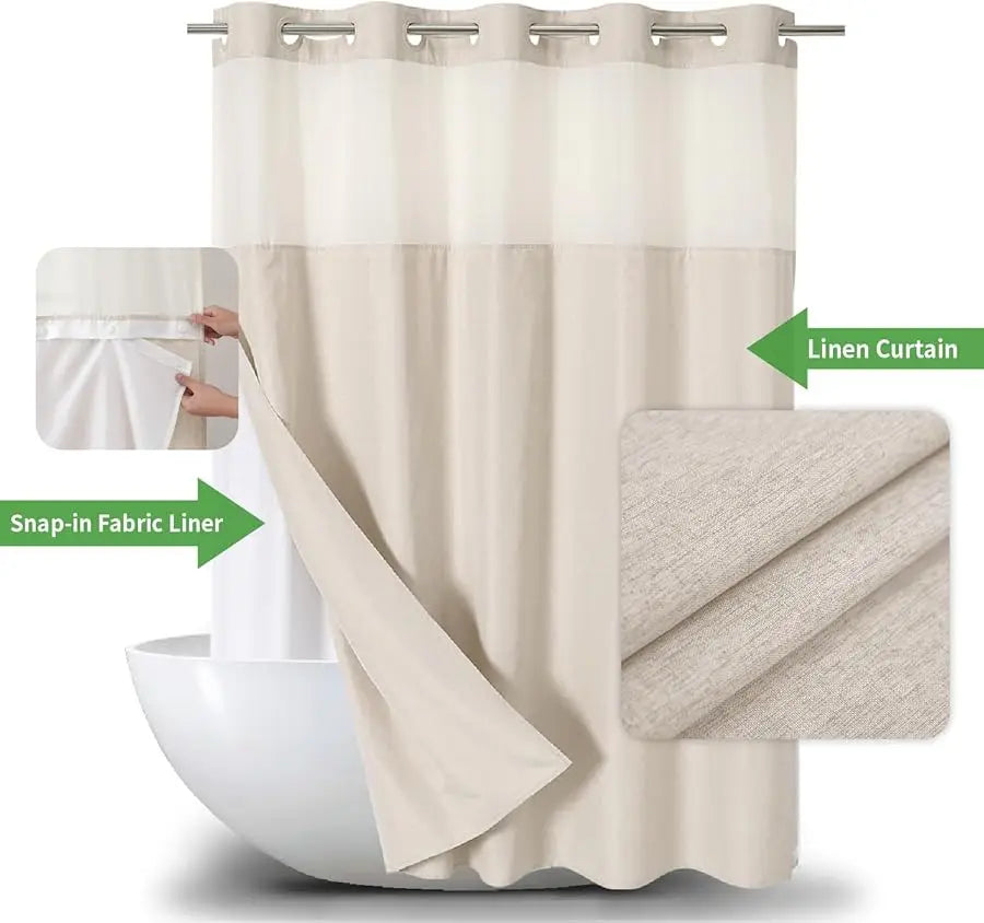No Hooks Polyester Textured Shower Curtain With Snap-In Fabric Liner