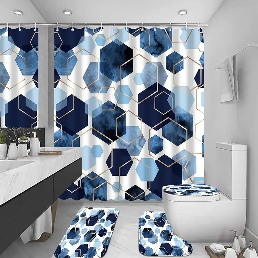 Guangdong Geometric Shower Curtain Set 4 Piece With Hooks Bath Mat