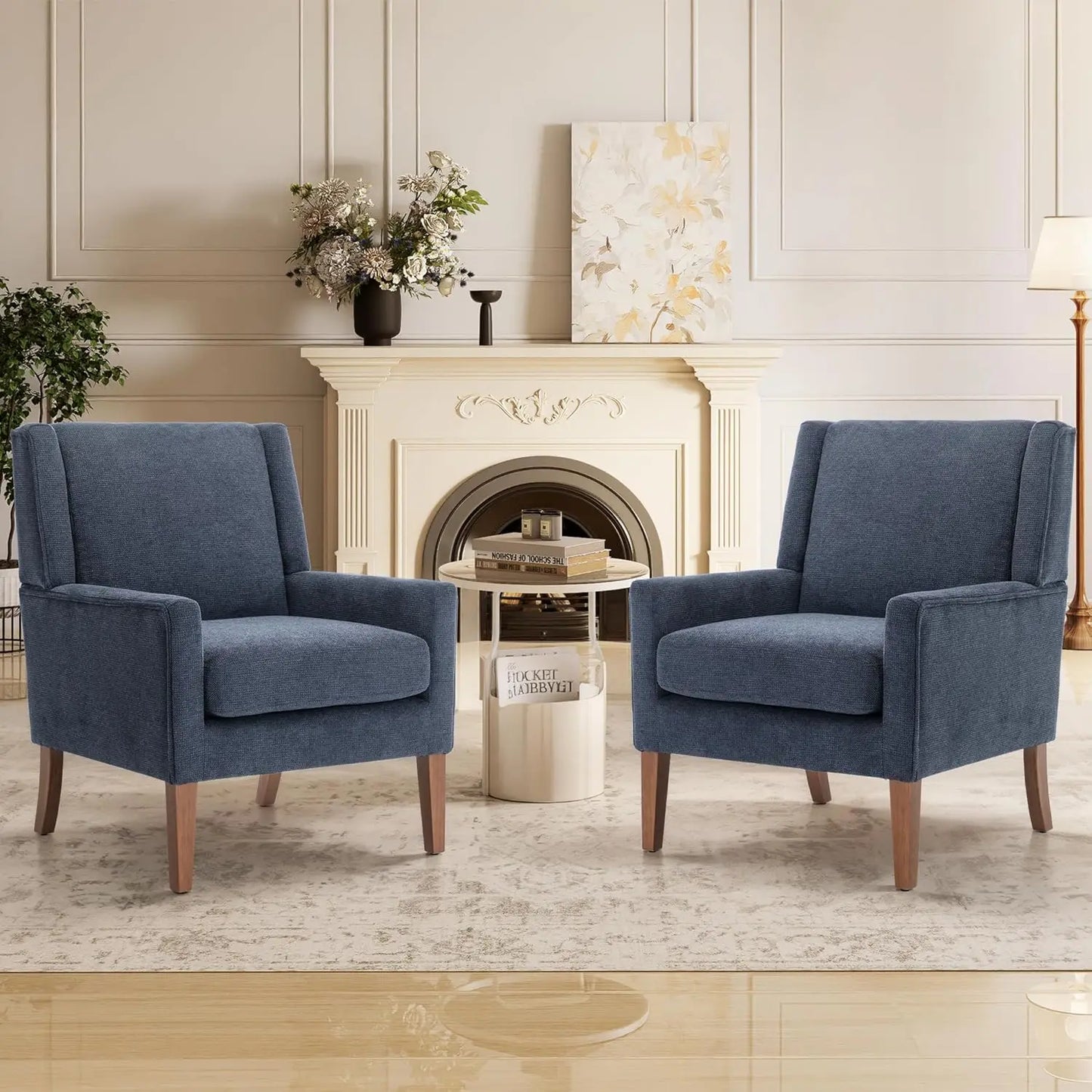 Wingback Accent Chair Set in Velvet with Wood Legs
