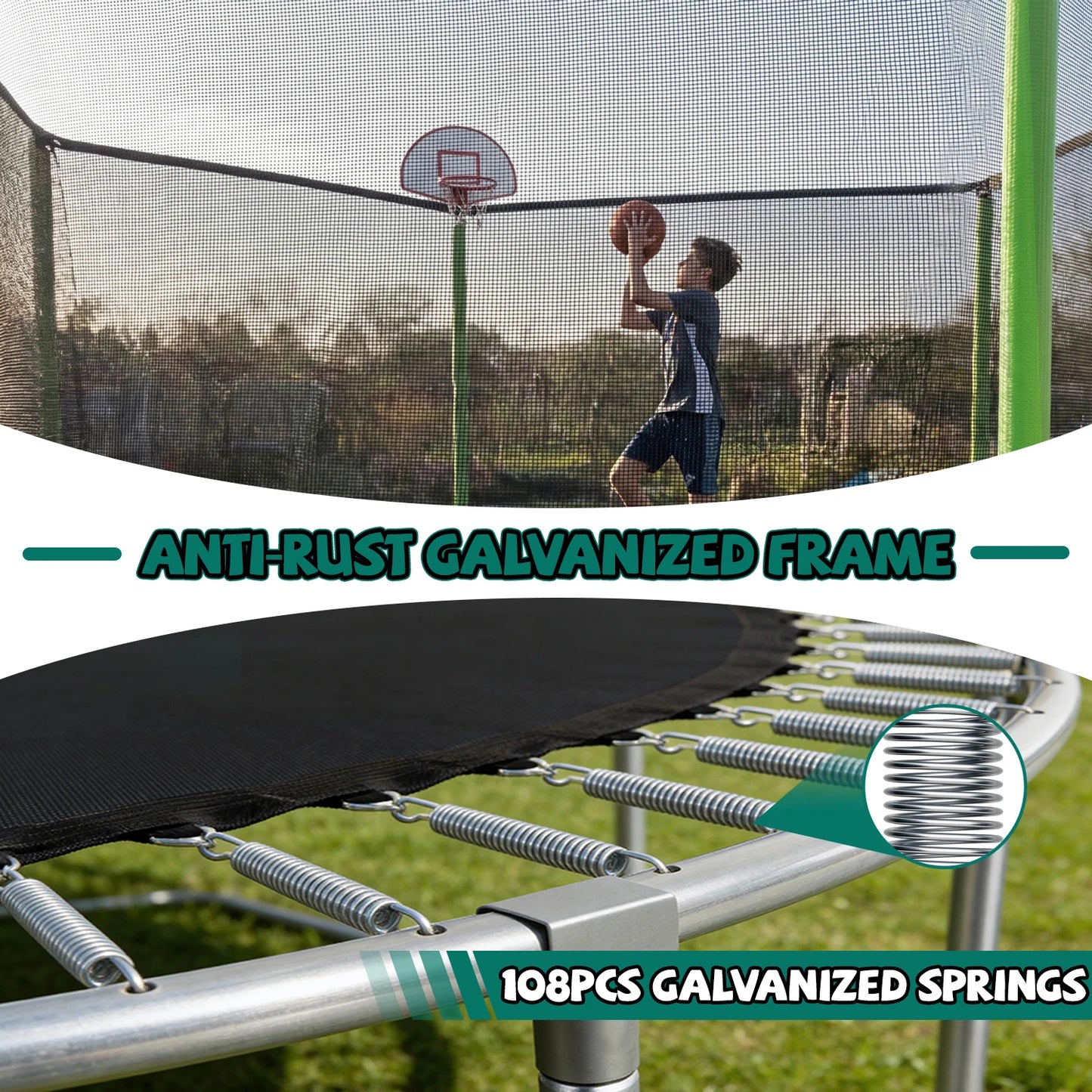 Outdoor Trampoline With Balance Bar And Basketball Hoop Enclosure Net