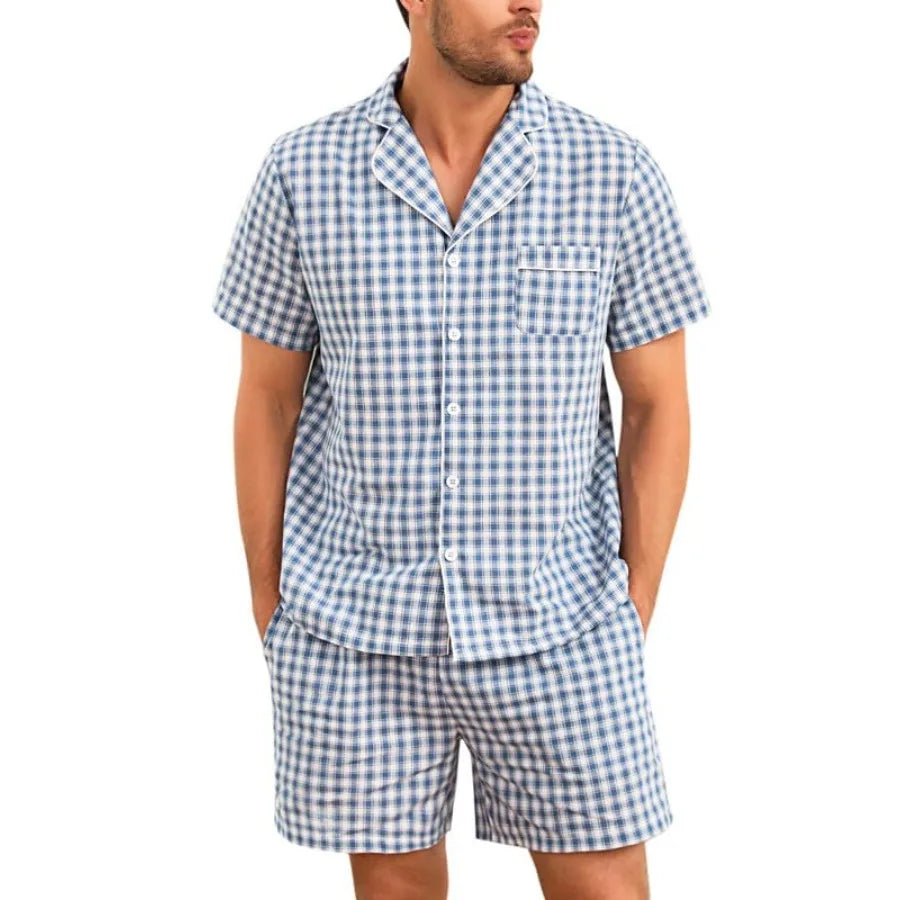Marvmys Men's 100 Percent Plaid Pajama Set Sleepwear Short Sleeve
