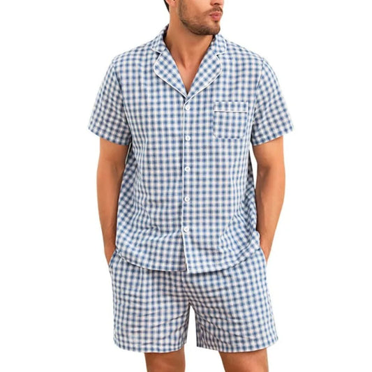 Marvmys Men's 100 Percent Plaid Pajama Set Sleepwear Short Sleeve
