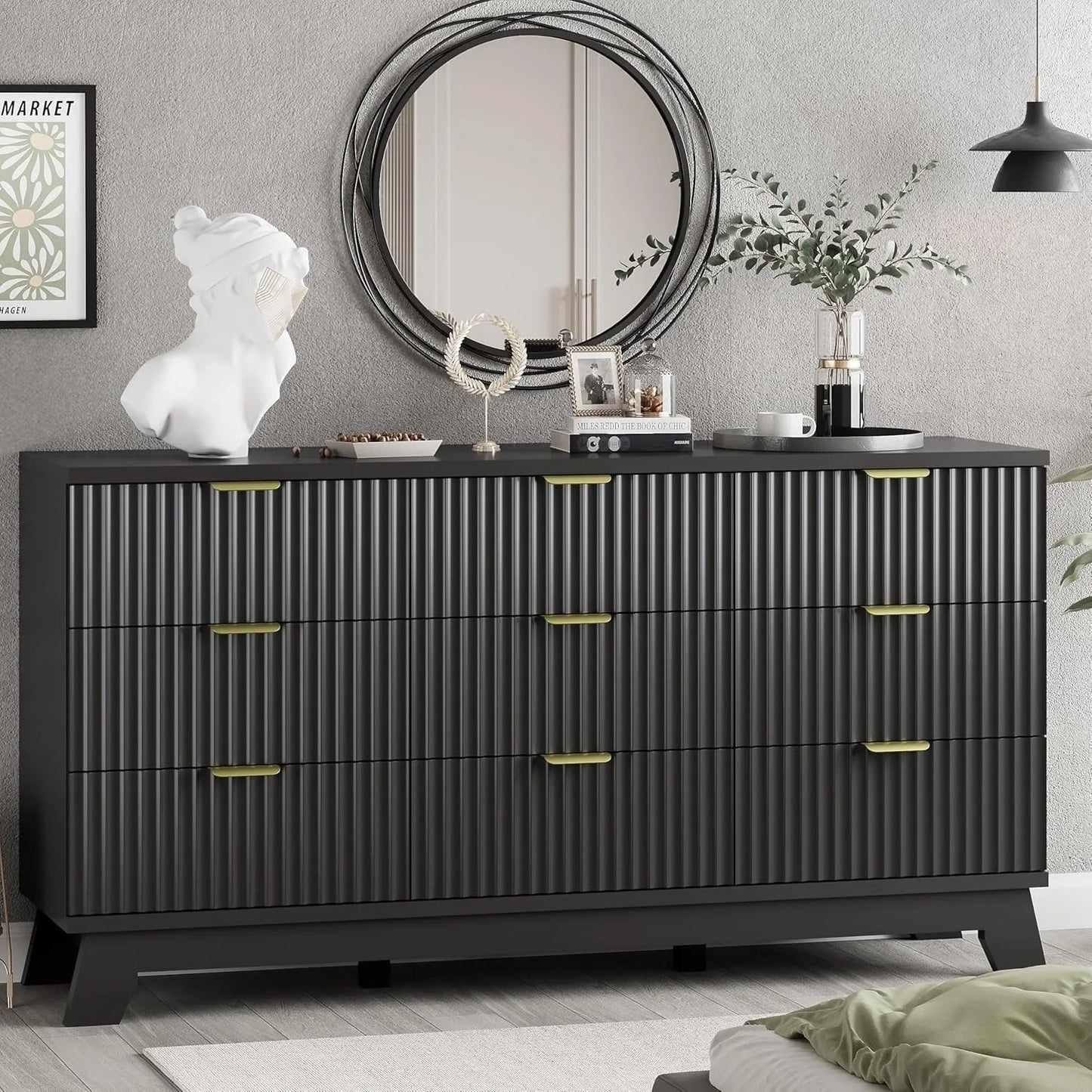 Fluted Dresser With 9 Drawers And Metal Handle For Bedroom