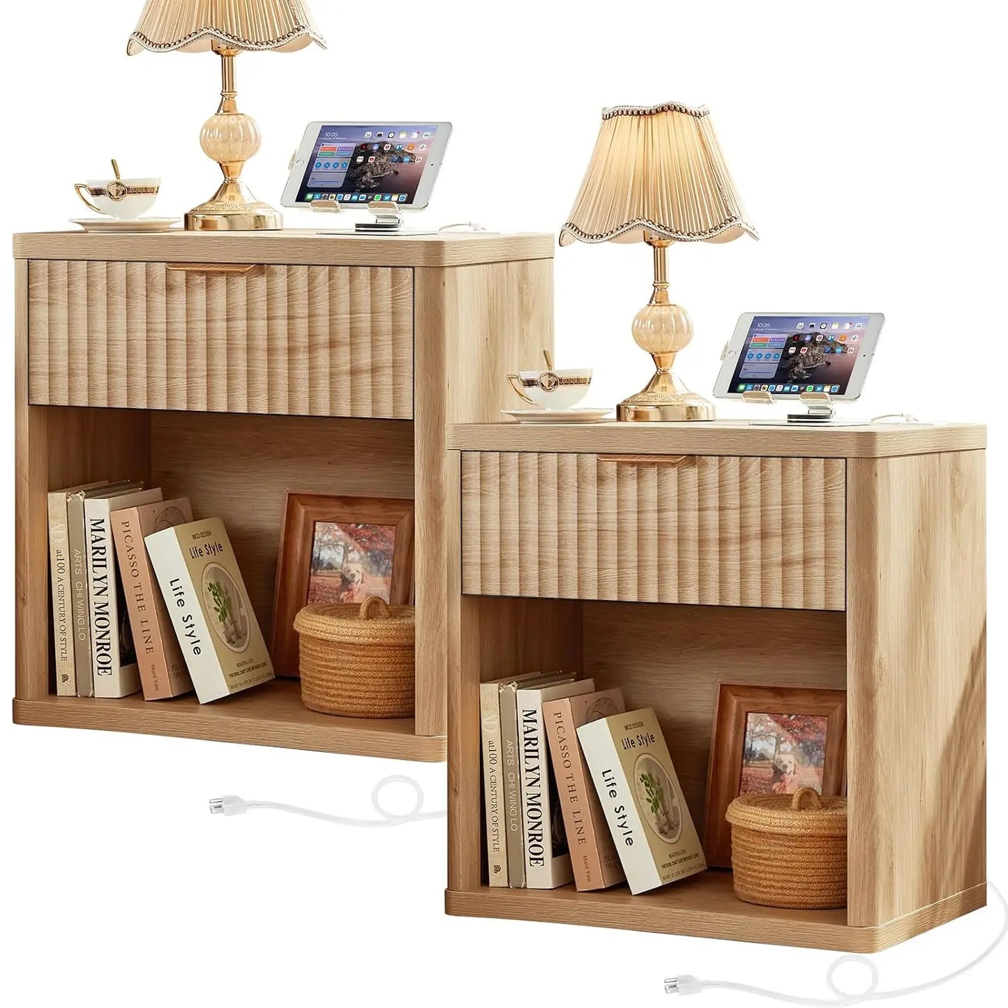 Fluted Farmhouse Nightstand Set Of 2 With Charging Station